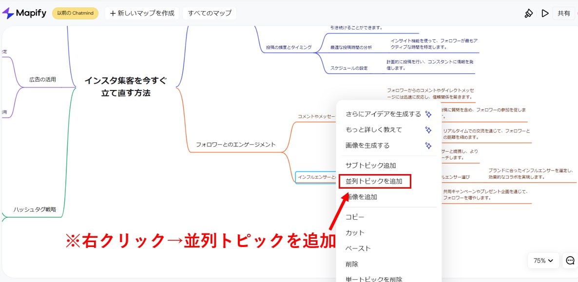 出来上がったマインドマップに追加項目を入れる